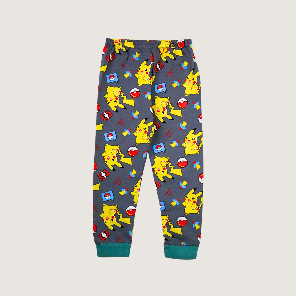 Children's pajama pants with Pikachu pattern on a light gray background