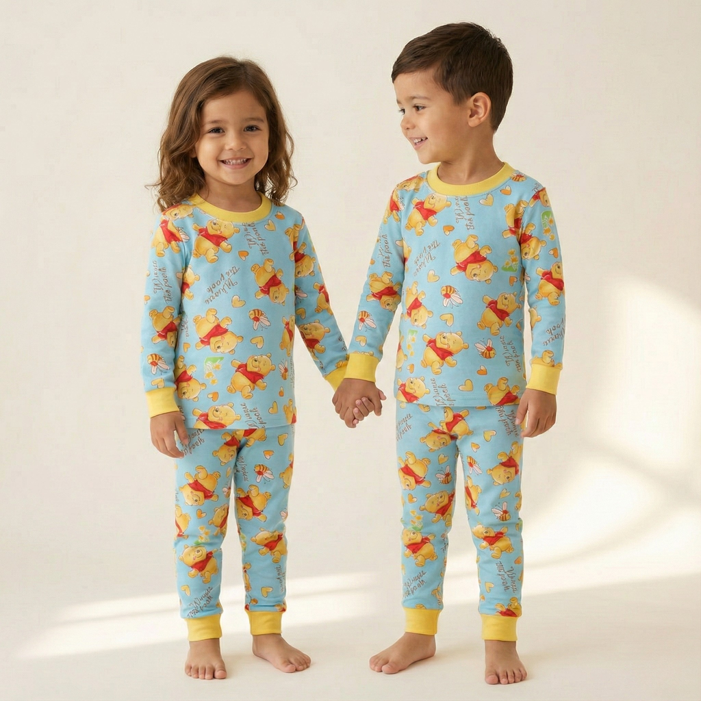 بيجاما ويني ذات الأكمام الطويلة الحرارية بنقشة القلوب الصفراء (للجنسين)