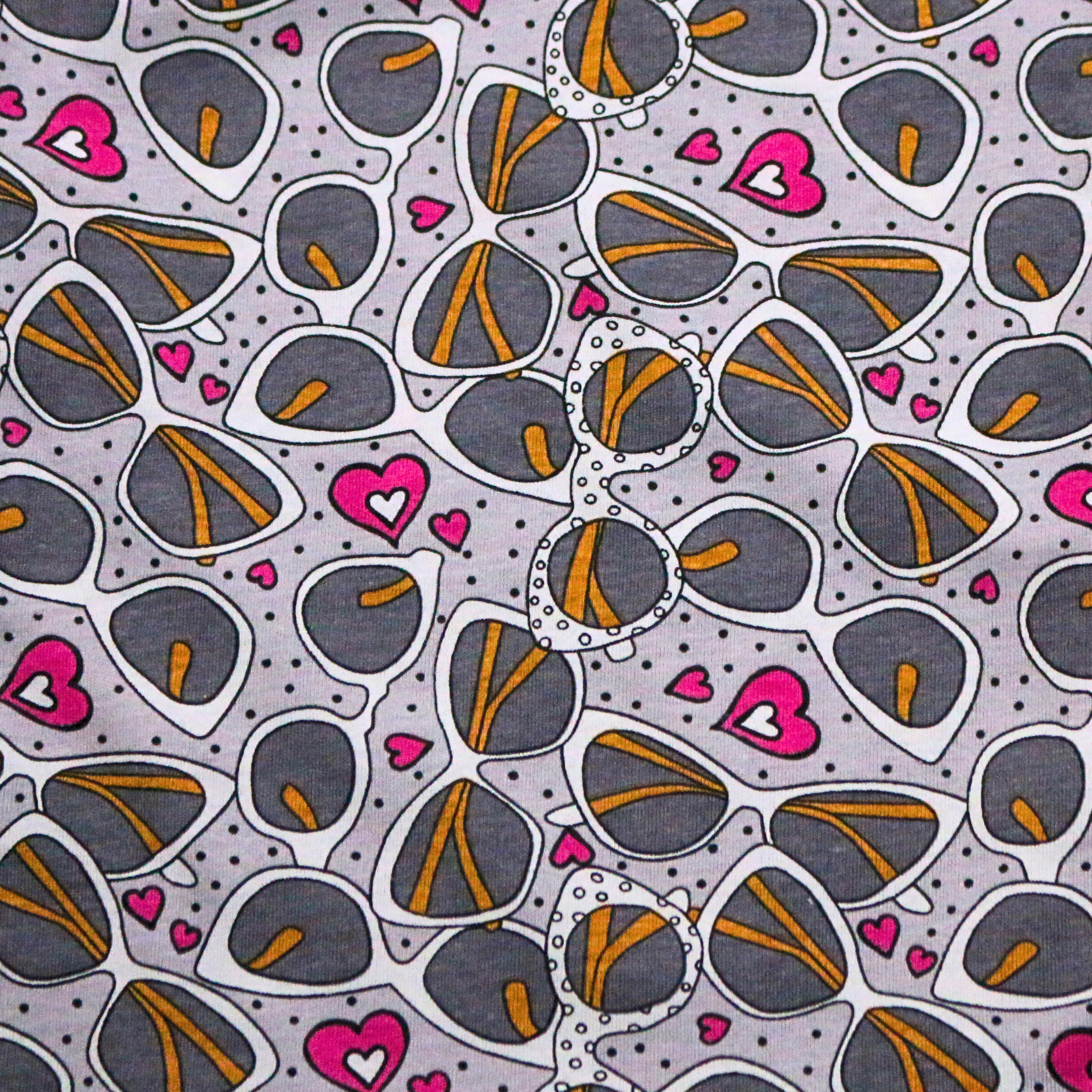 Pattern of sunglasses and hearts on a gray background