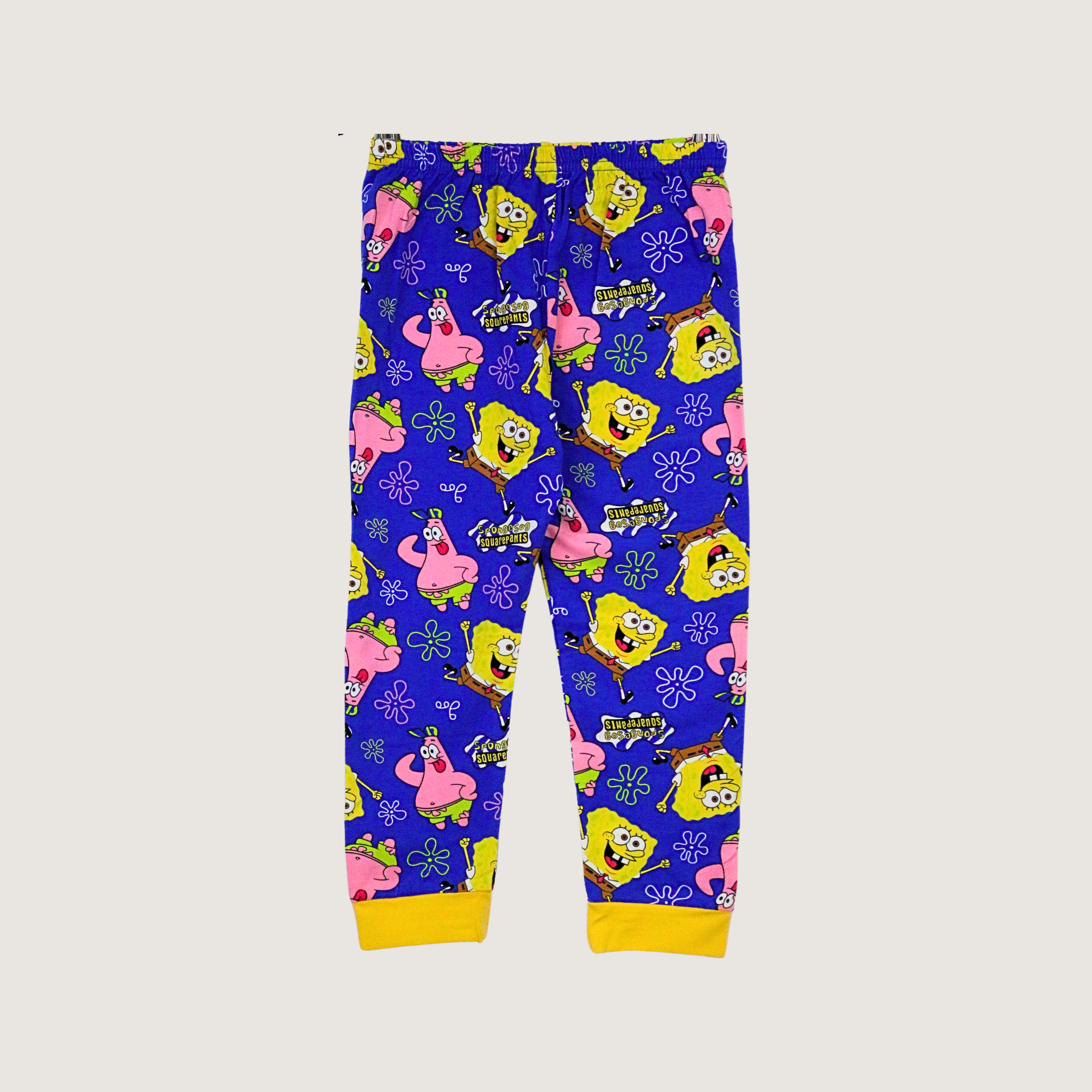 Colorful children's leggings with cartoon character pattern on a white background