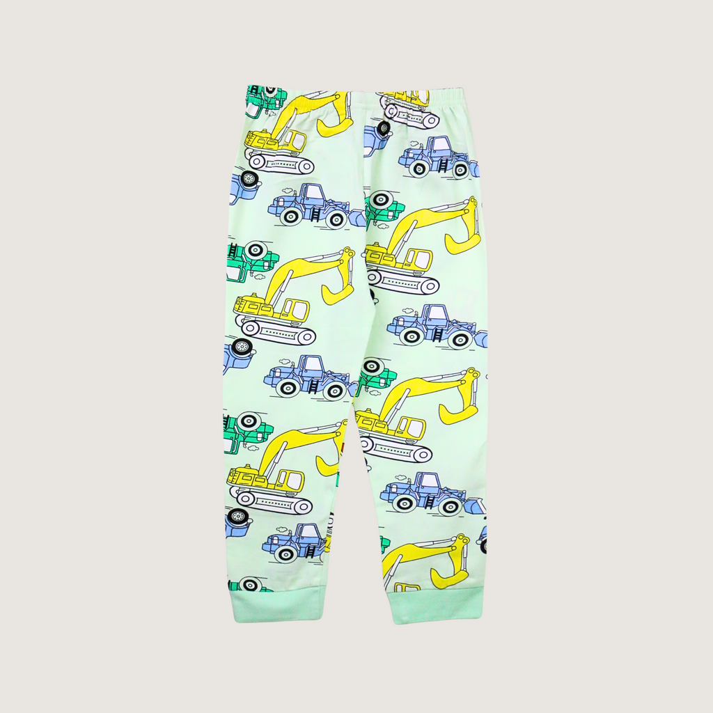 Children's leggings with construction vehicle pattern on a light green background