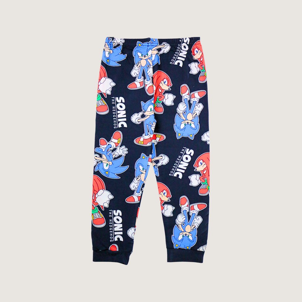 Navy blue jogger pants with Sonic the Hedgehog character print on a light gray background