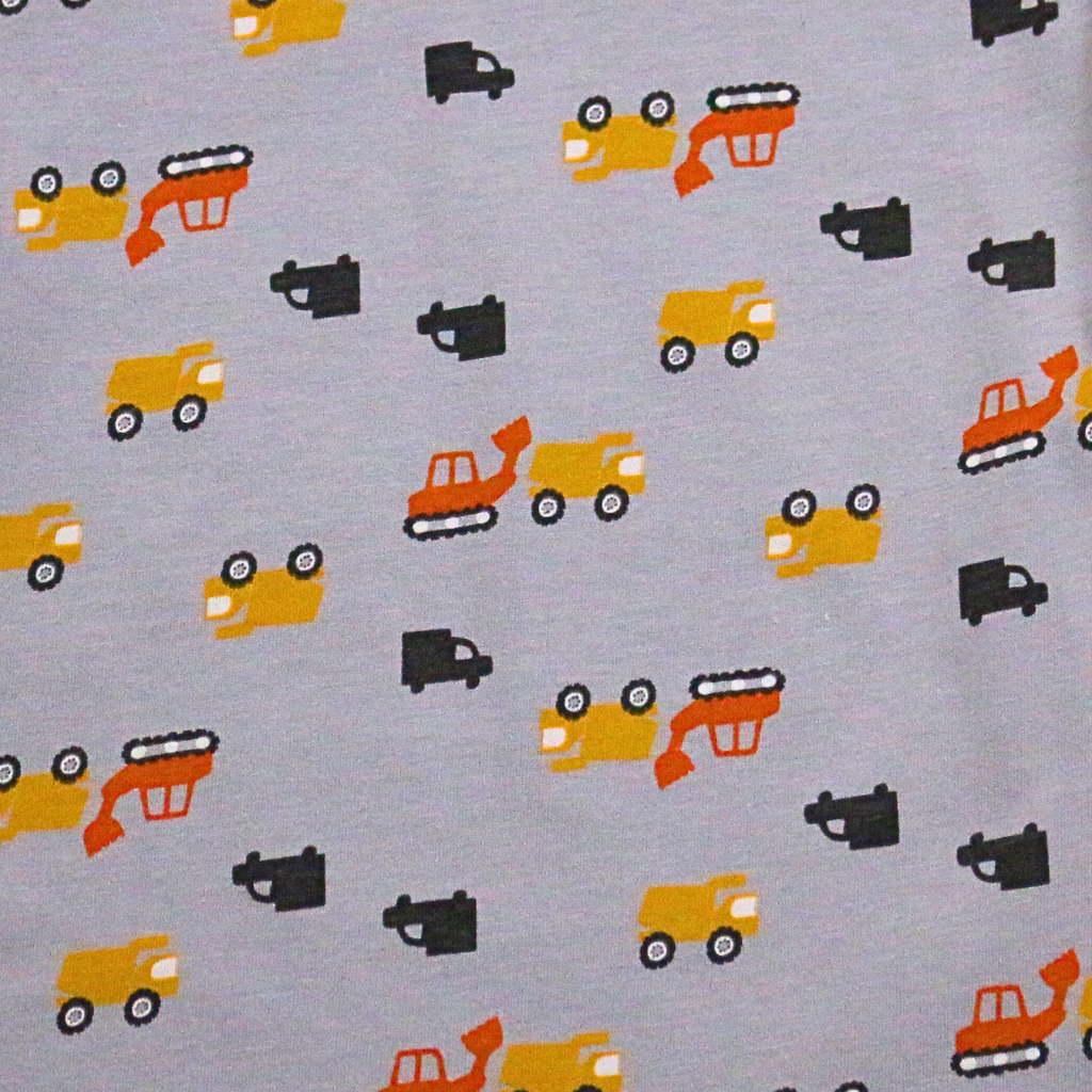 Pattern of colorful construction vehicles on a gray background