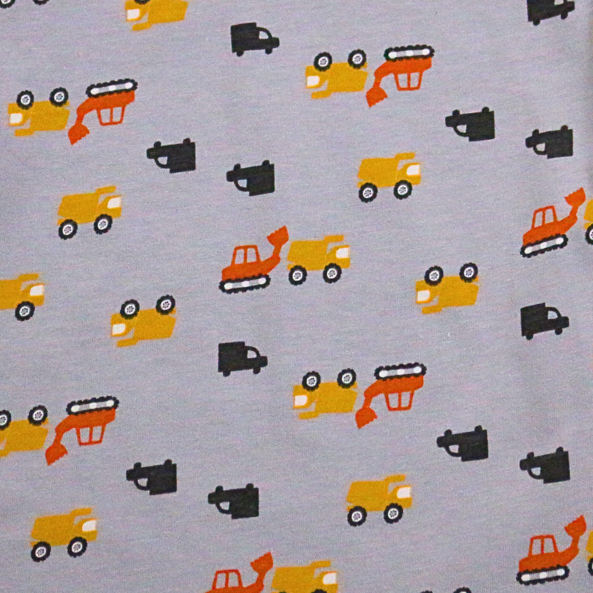 Pattern of colorful construction vehicles on a gray background
