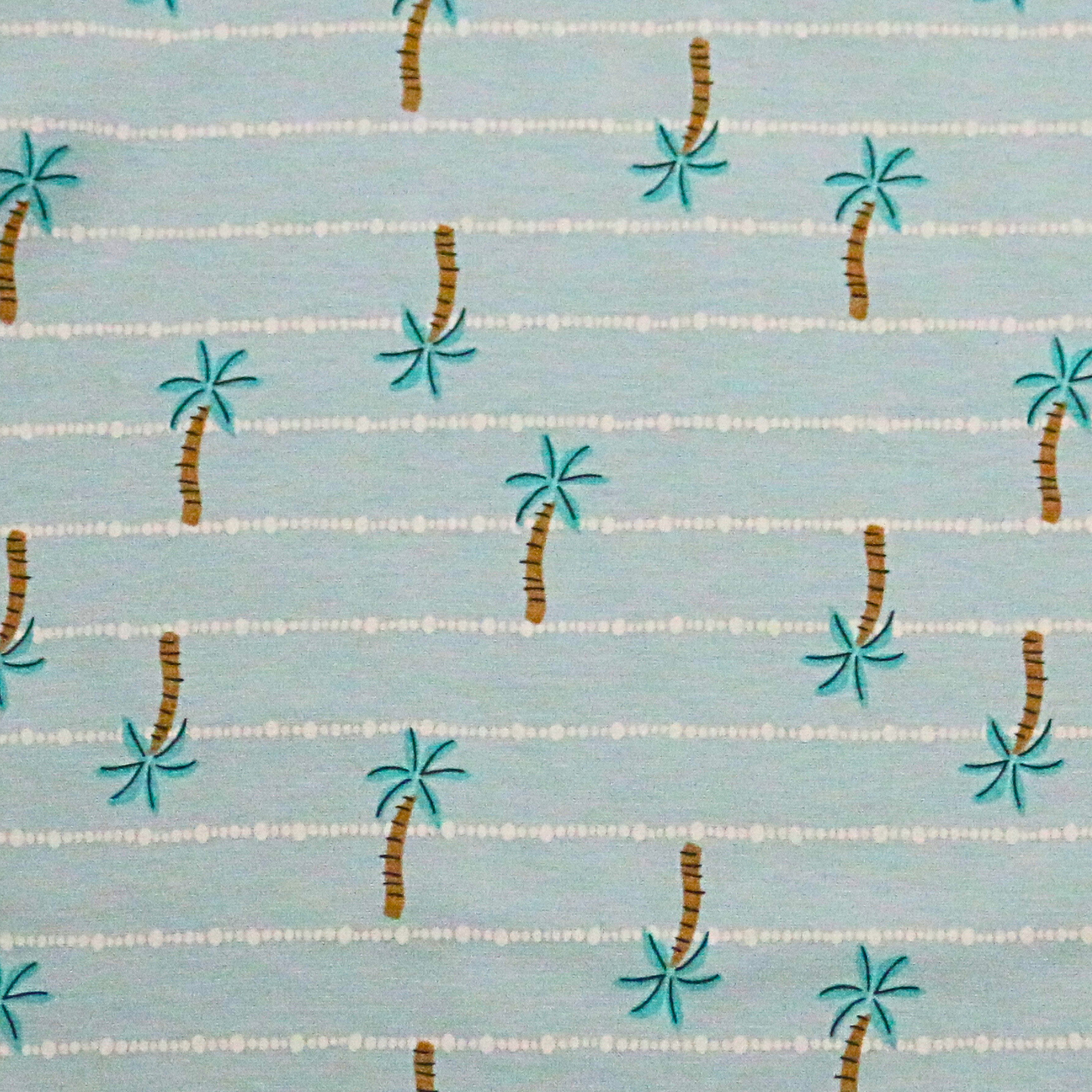 Pattern of palm trees and coconuts on a light blue background