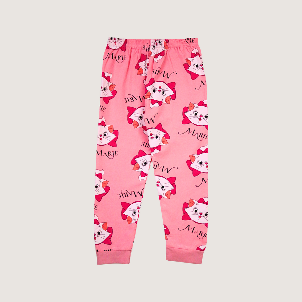 Pink pajama pants with cat print and 'Marie' text on a light gray background