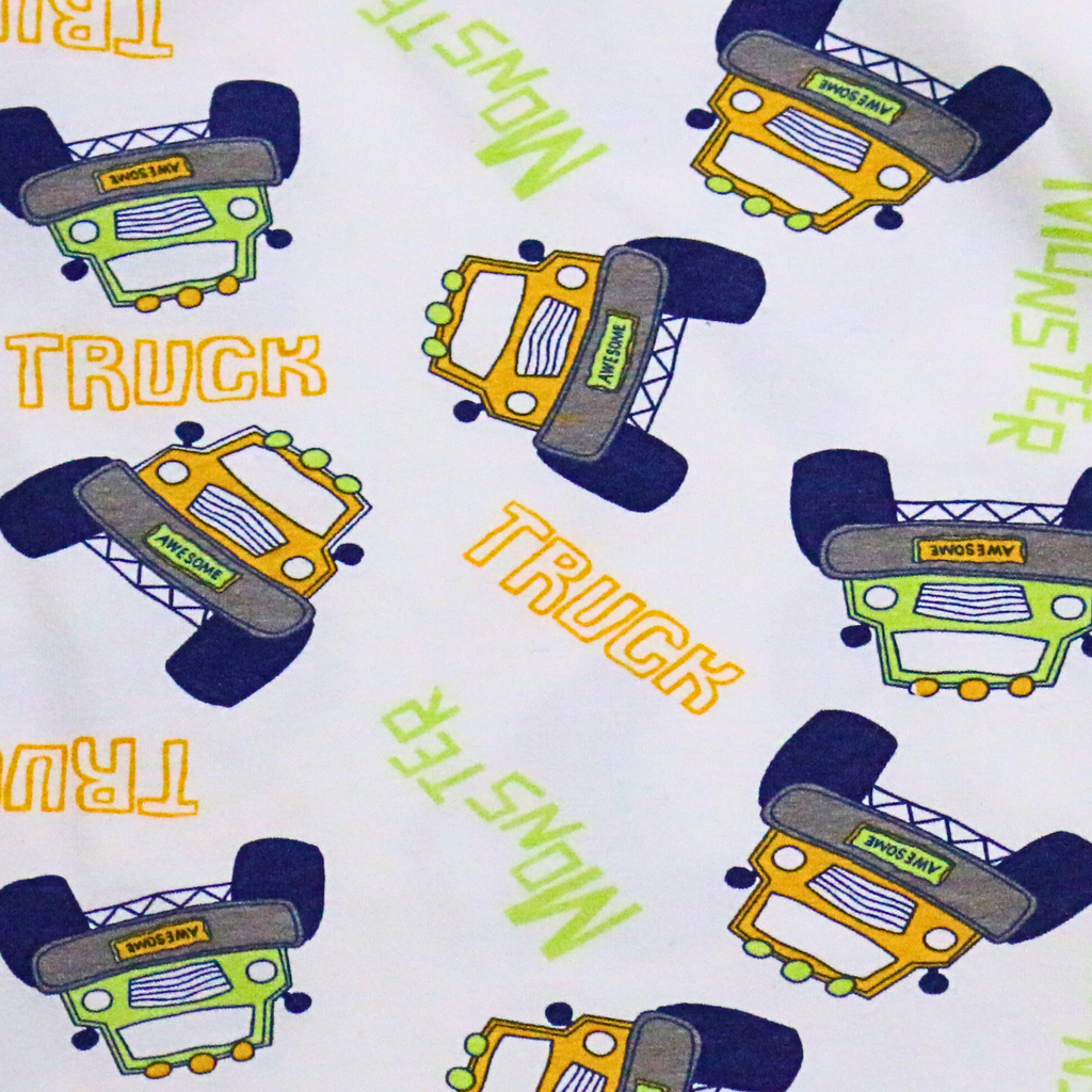 Pattern of toy trucks with 'Truck' and 'Monster Truck' text on a white background