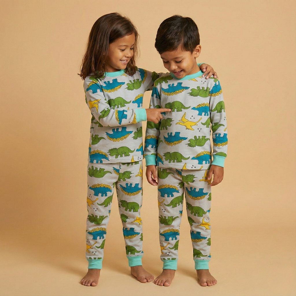 بيجاما حرارية رمادية متعددة الألوان بأكمام طويلة بنقشة الديناصورات (للجنسين)