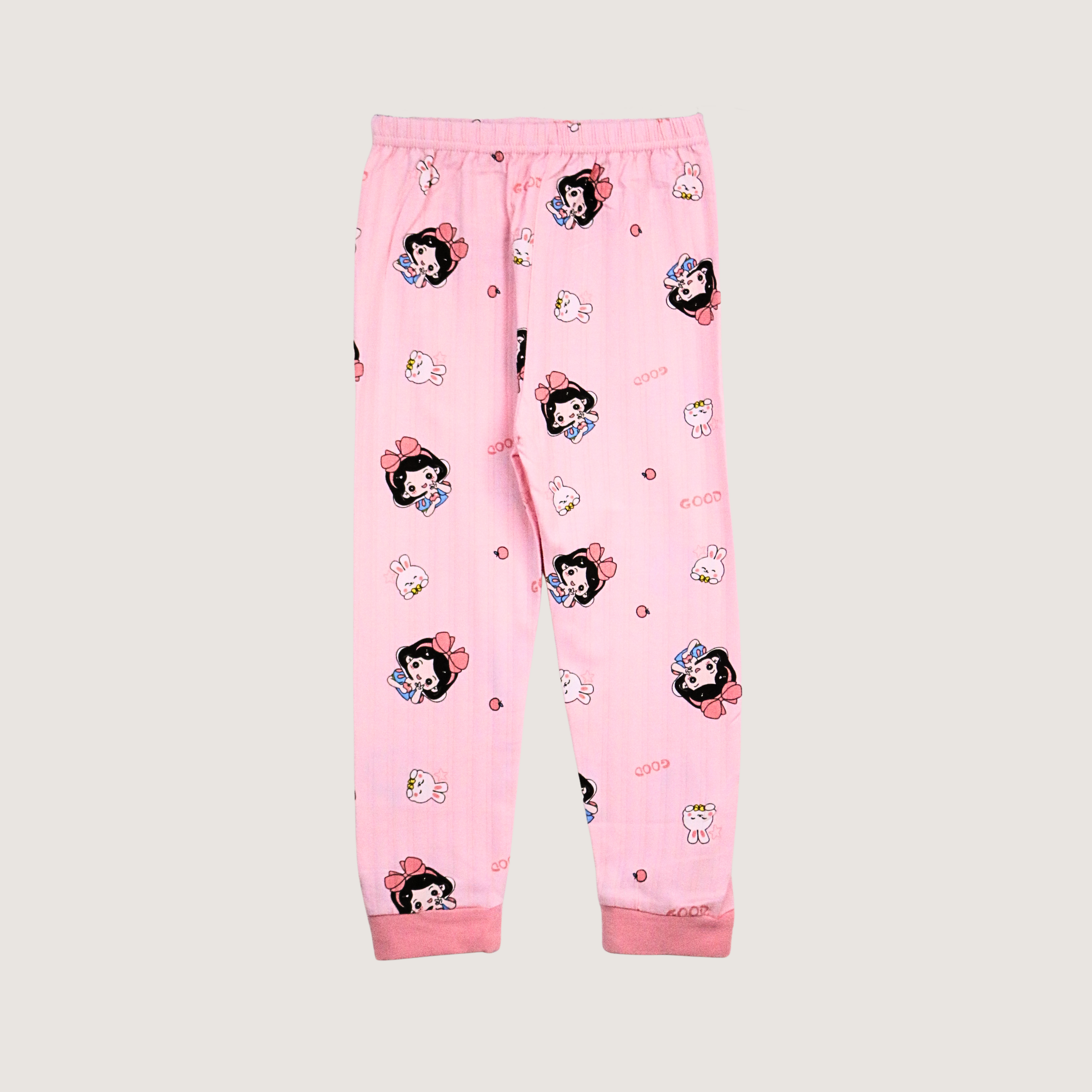 Pink pajama pants with character print on a light gray background