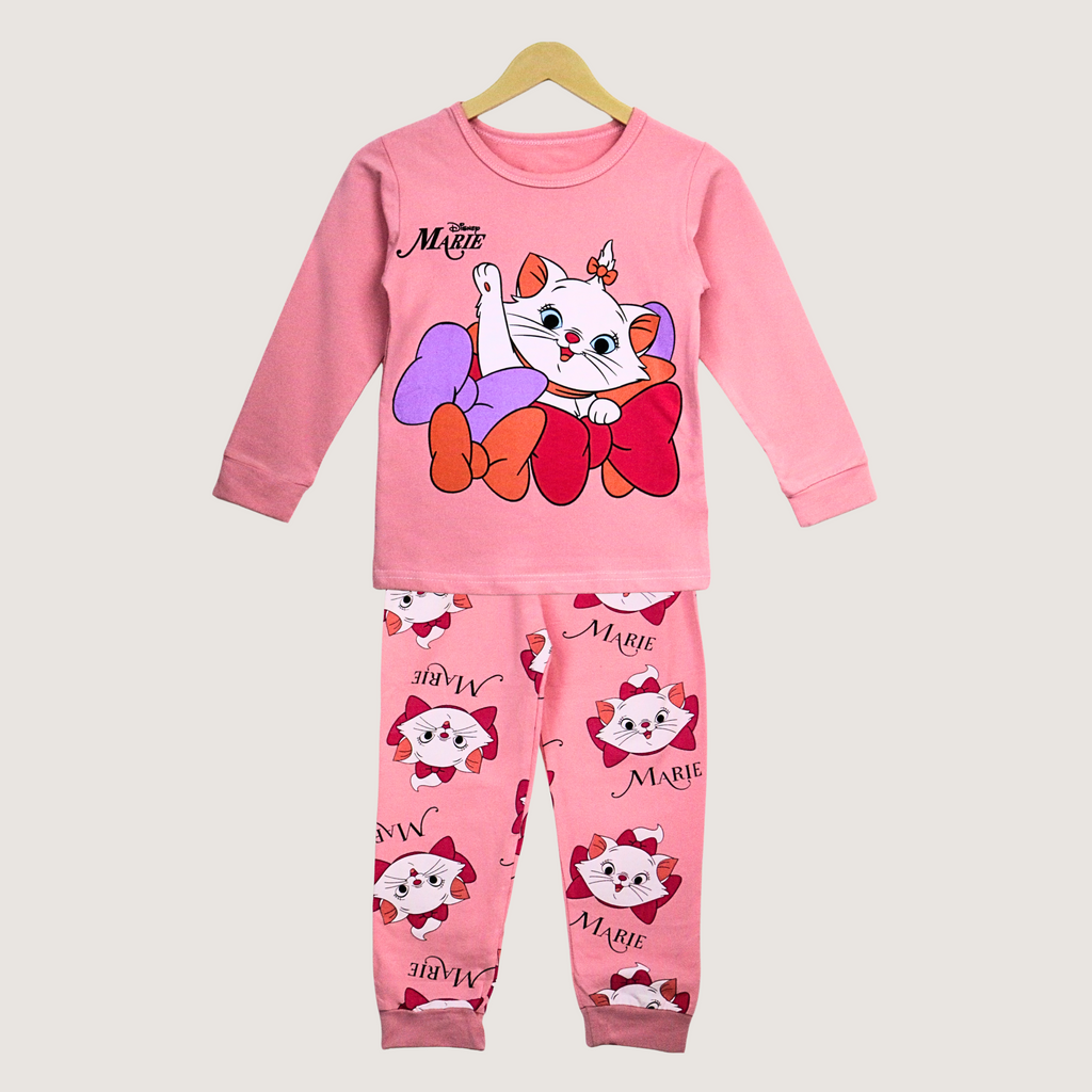 Pink children's pajama set with cartoon character on a white background