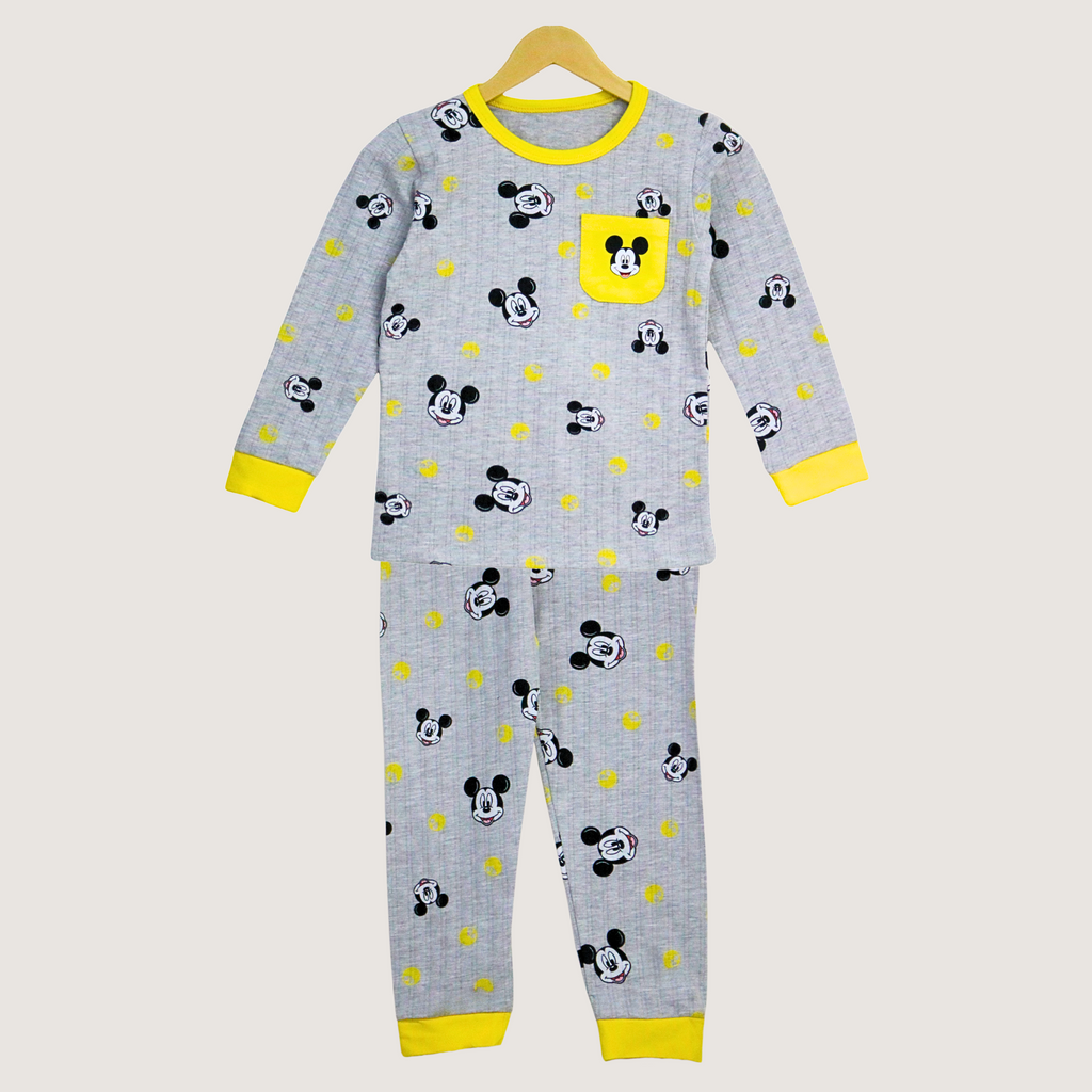 Children's pajama set with Mickey Mouse pattern on a hanger against a light gray background