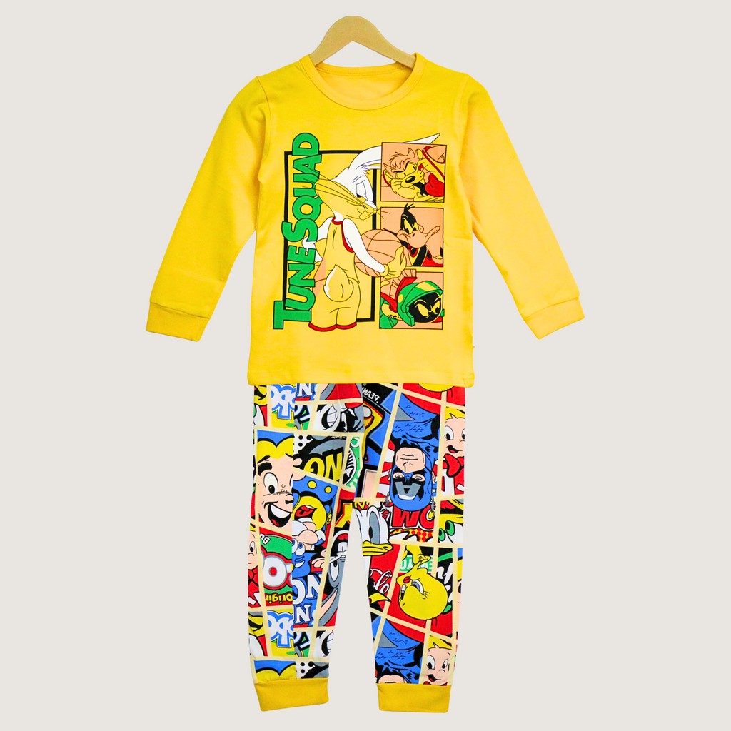 Children's pajama set with cartoon character design on a white background