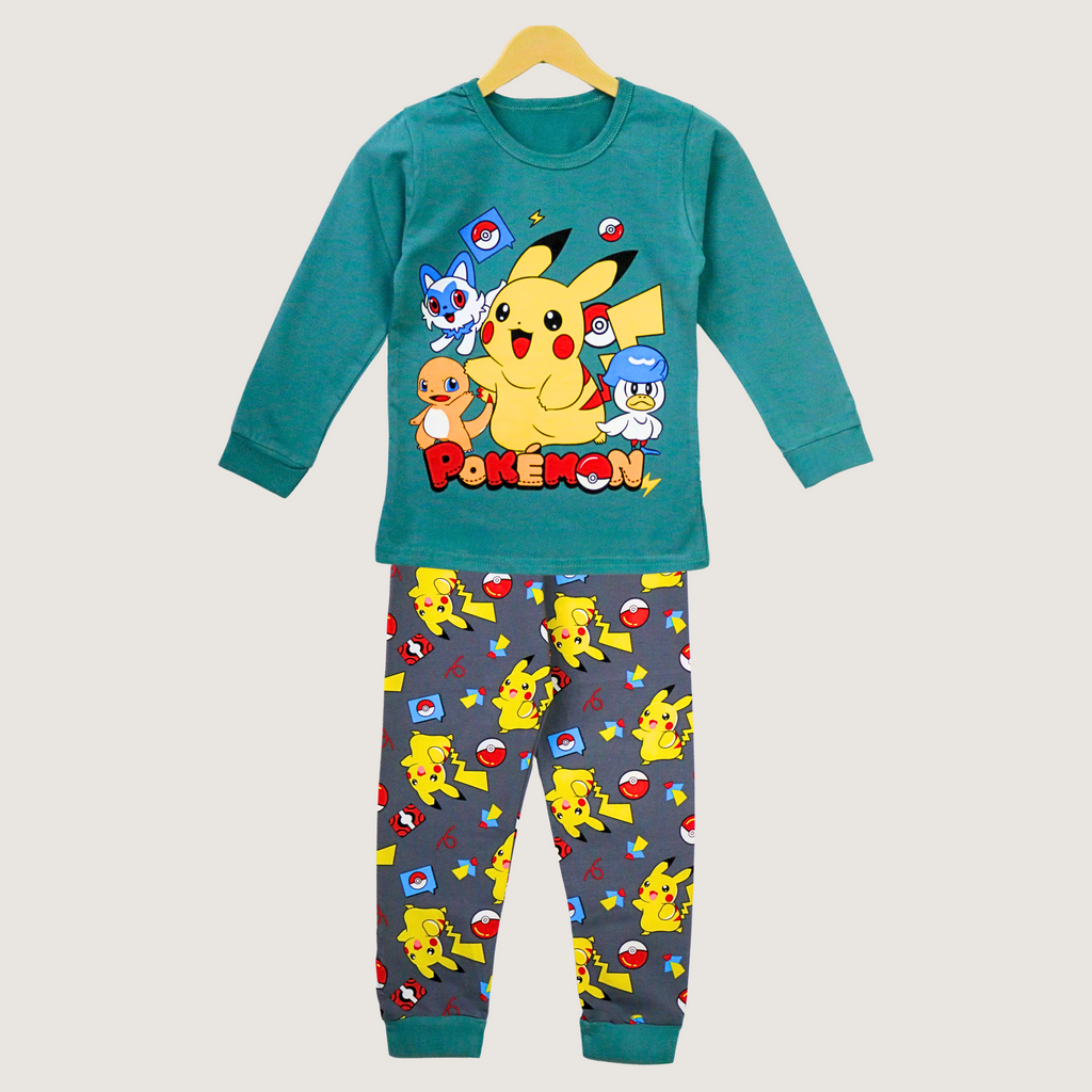 Children's pajama set with Pikachu and other Pokémon characters on a hanger against a light gray background.