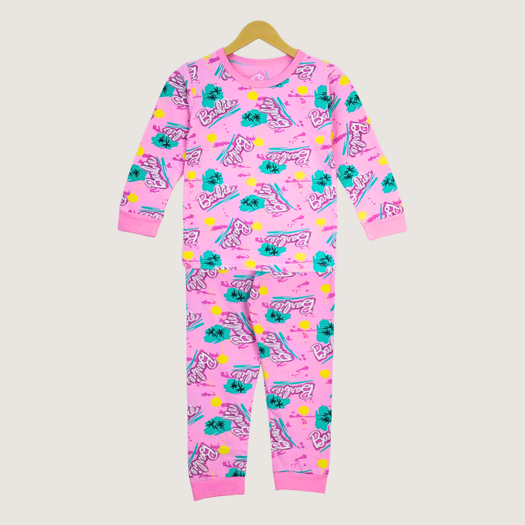 Pink children's pajama set with character print on a white background