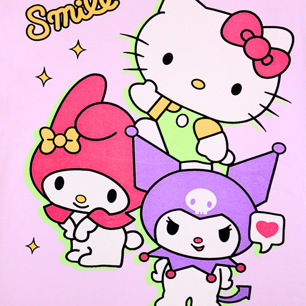 Three cartoon characters with colorful hats on a pink background