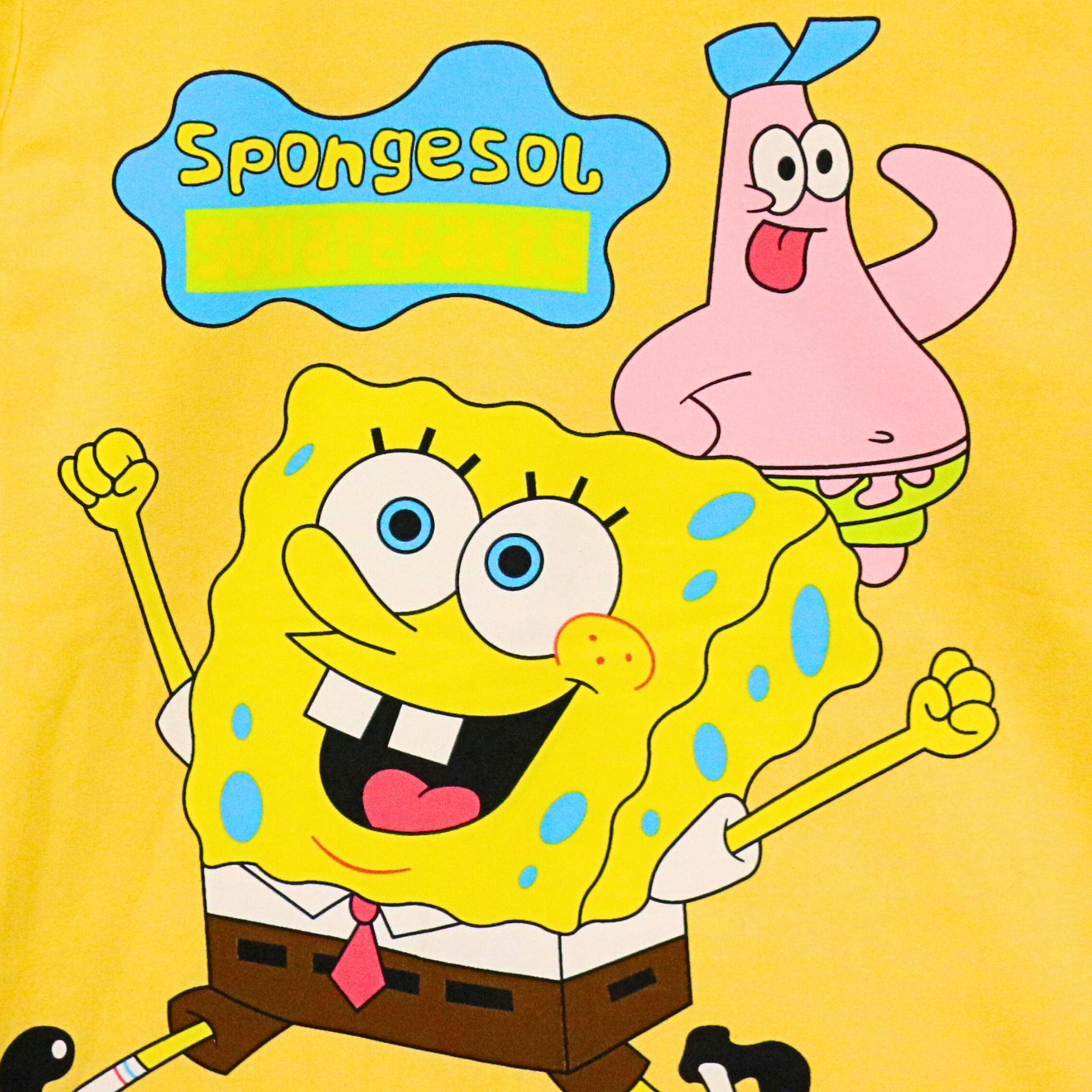 Cartoon characters on a yellow background with 'Spongesol' text