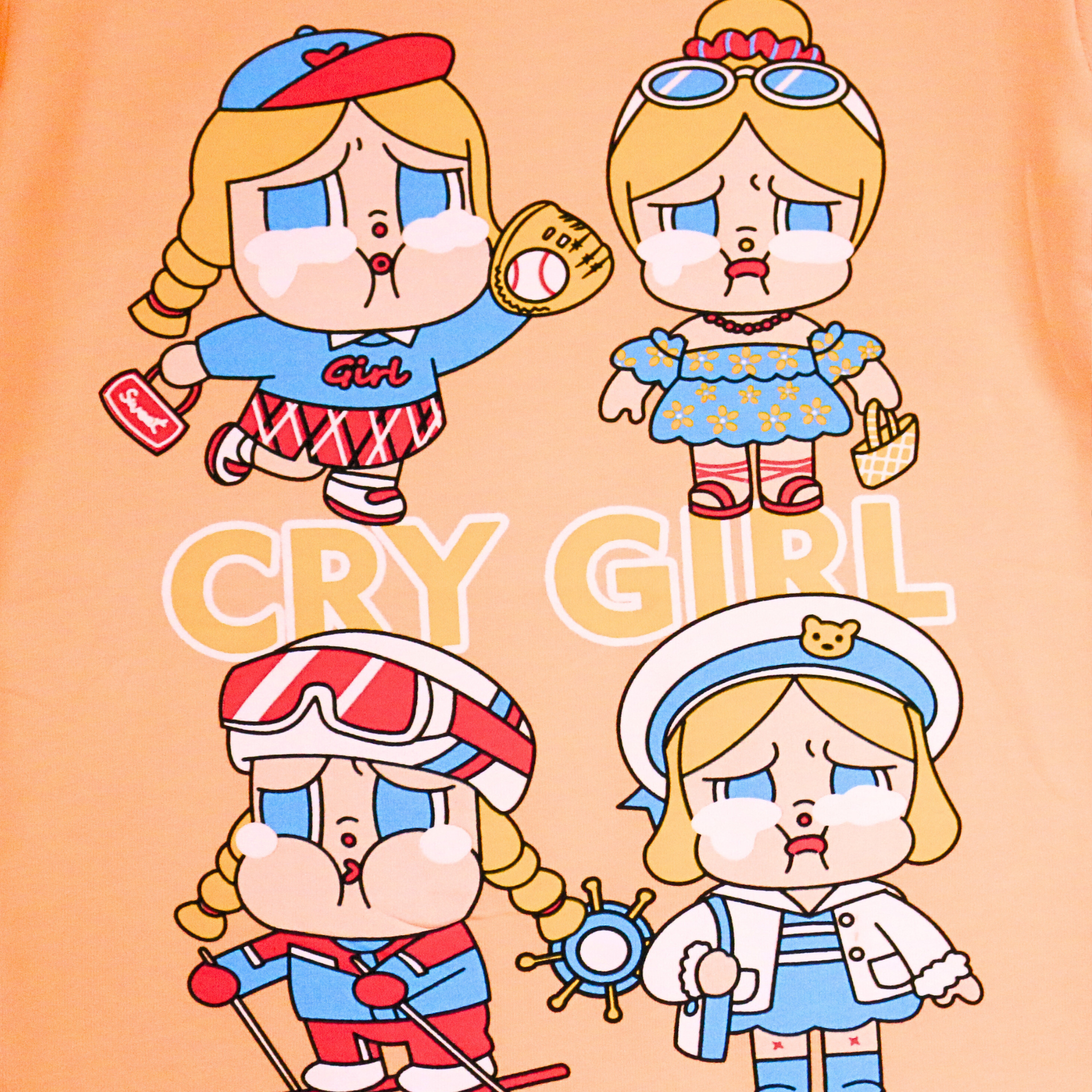 Cartoon characters with various accessories on a peach background with 'CRY GIRL' text.
