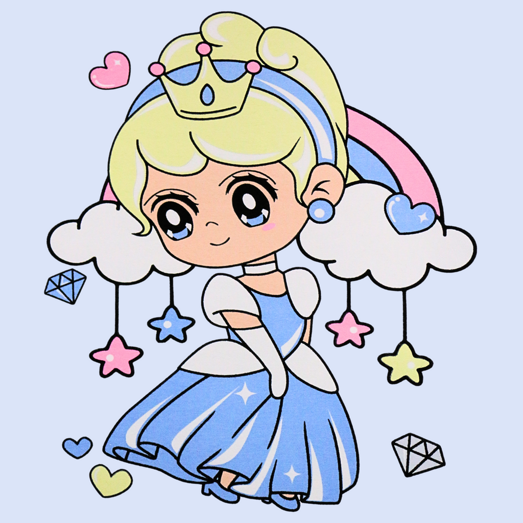 Cartoon character with blonde hair, blue dress, and rainbow on a light purple background