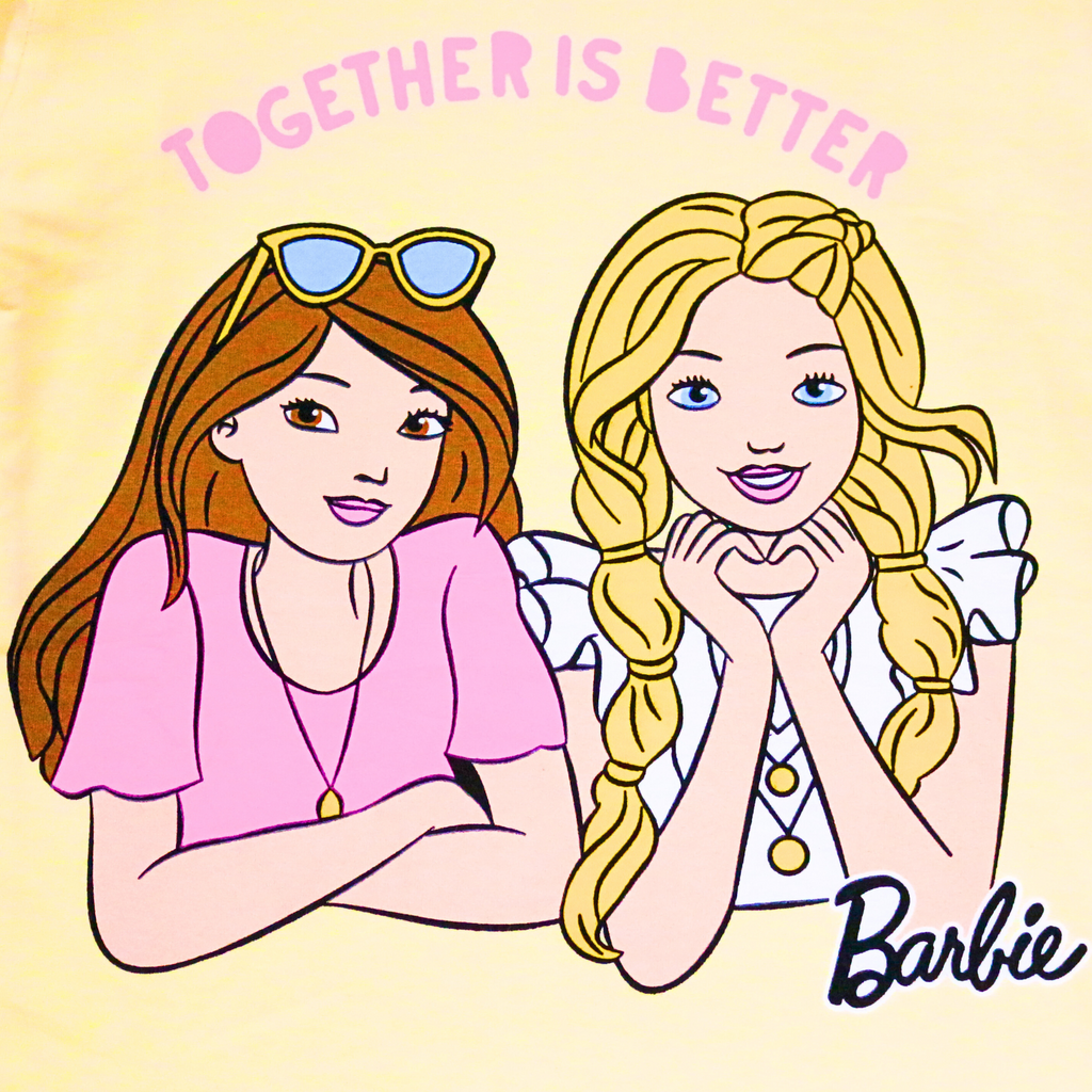 Two animated characters with the text 'Together is Better' and the Barbie logo on a yellow background.