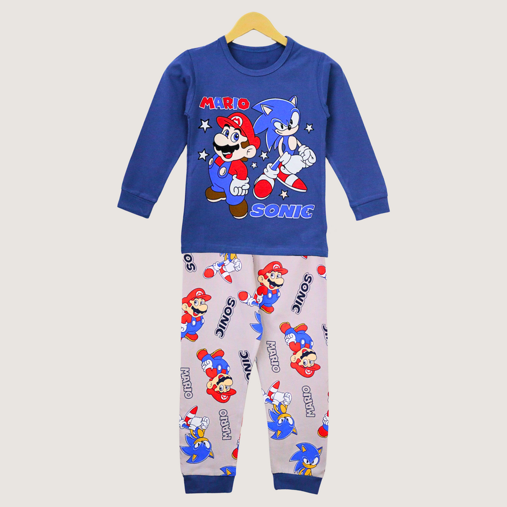 Children's pajama set with Mario and Sonic design on a white background