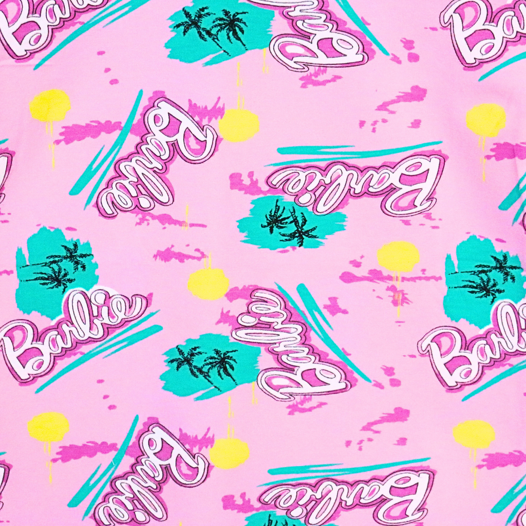Barbie logo pattern on a pink background with colorful graphics