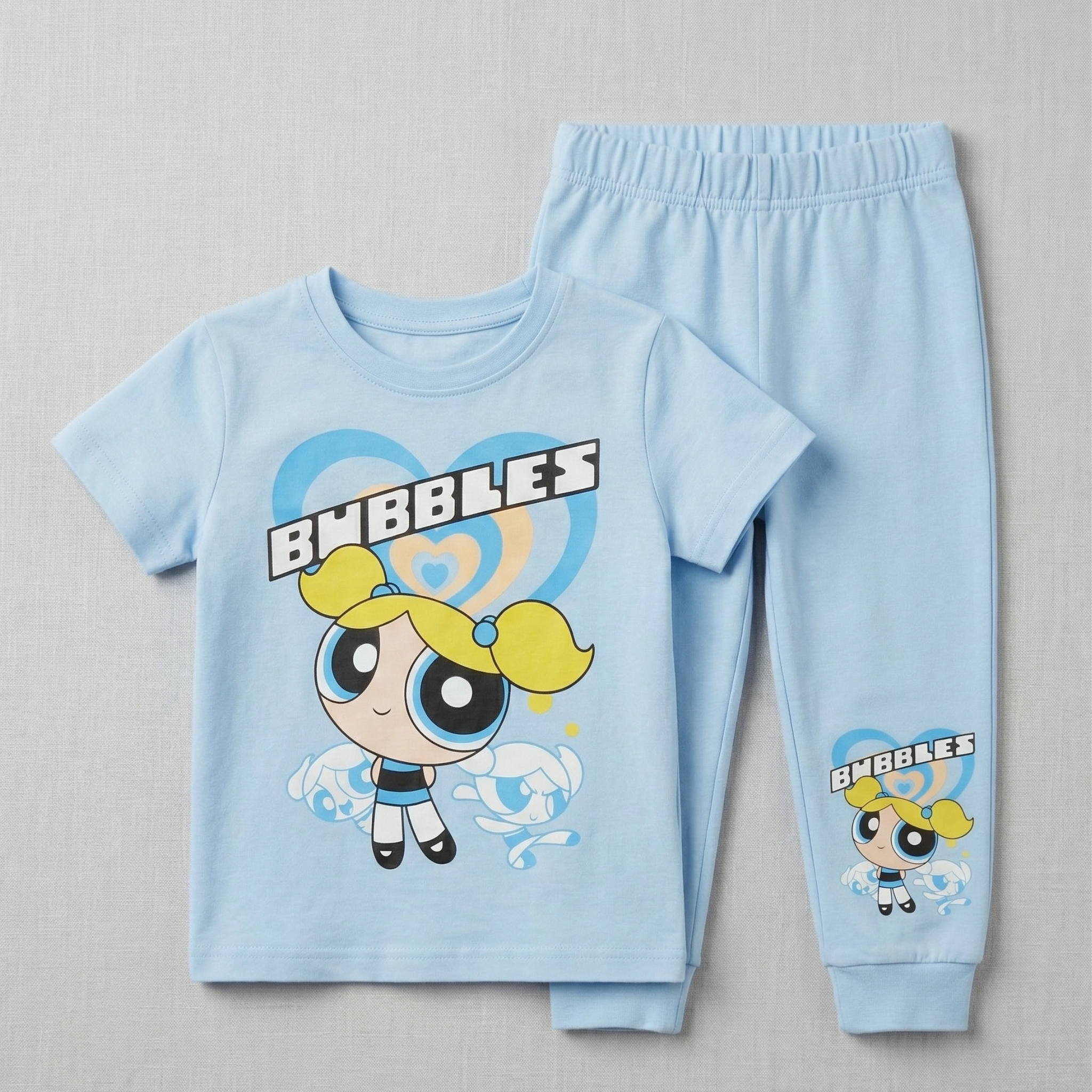 بيجامة أطفال قصيرة الأكمام بطبعة فقاعات زرقاء