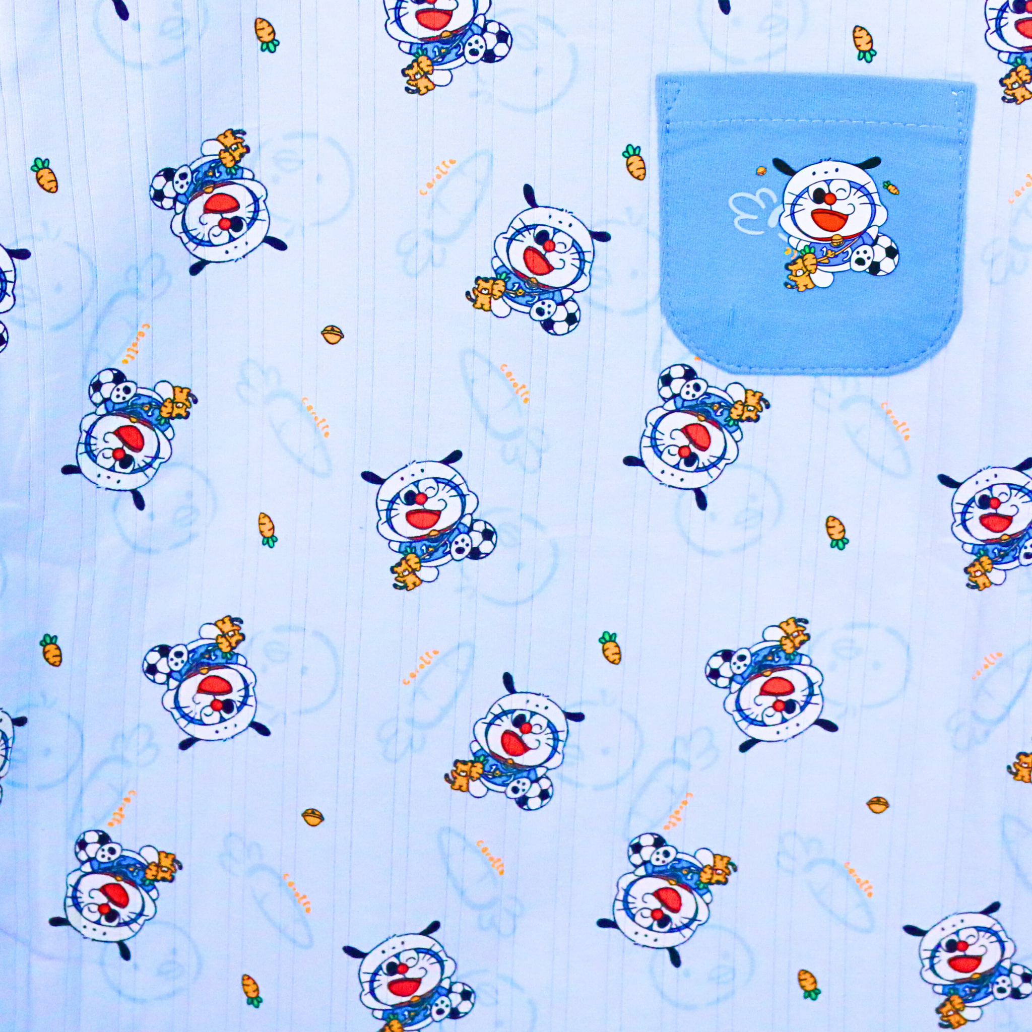 Children's fabric with cartoon character pattern on a blue background