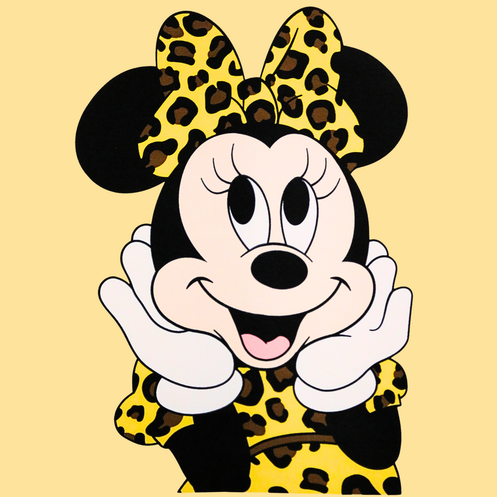 Cartoon character with leopard print bow and outfit on a beige background