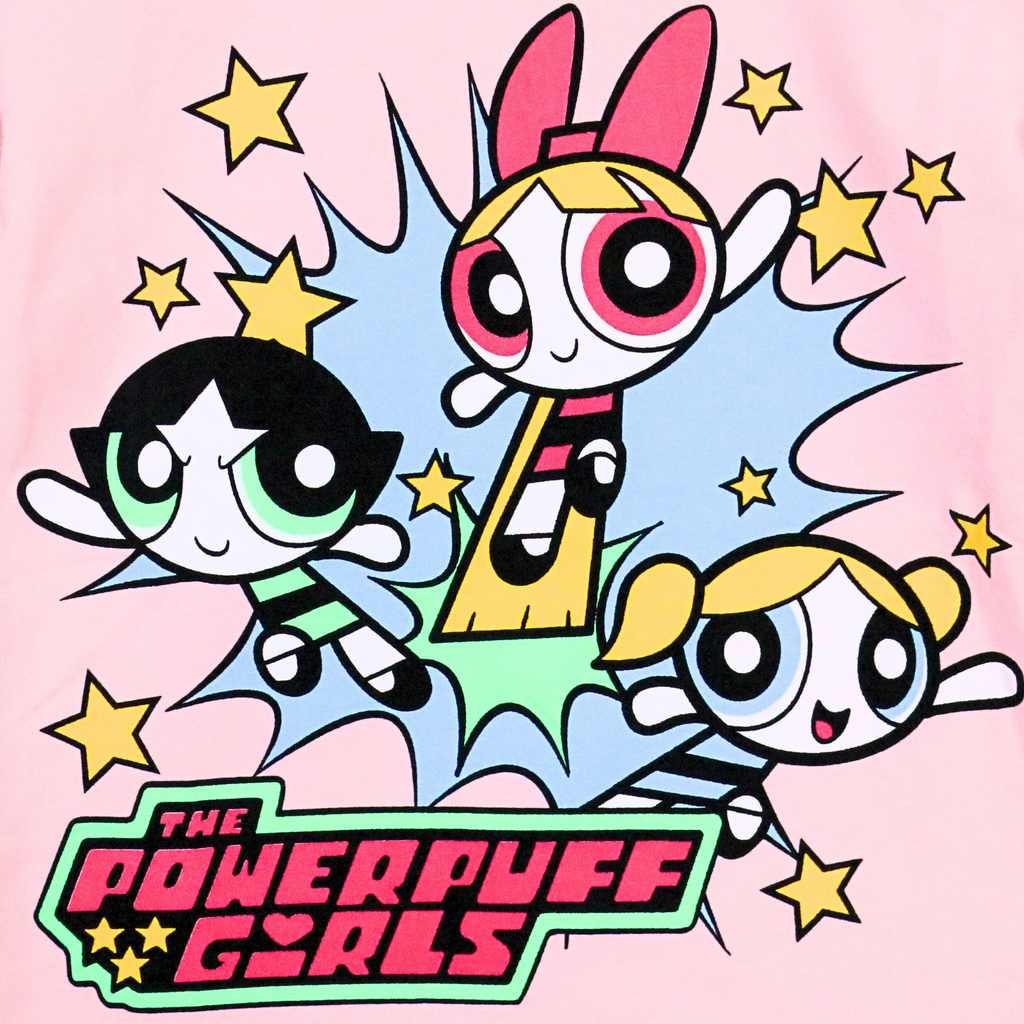Cartoon characters from 'The Powerpuff Girls' on a pink background with stars.