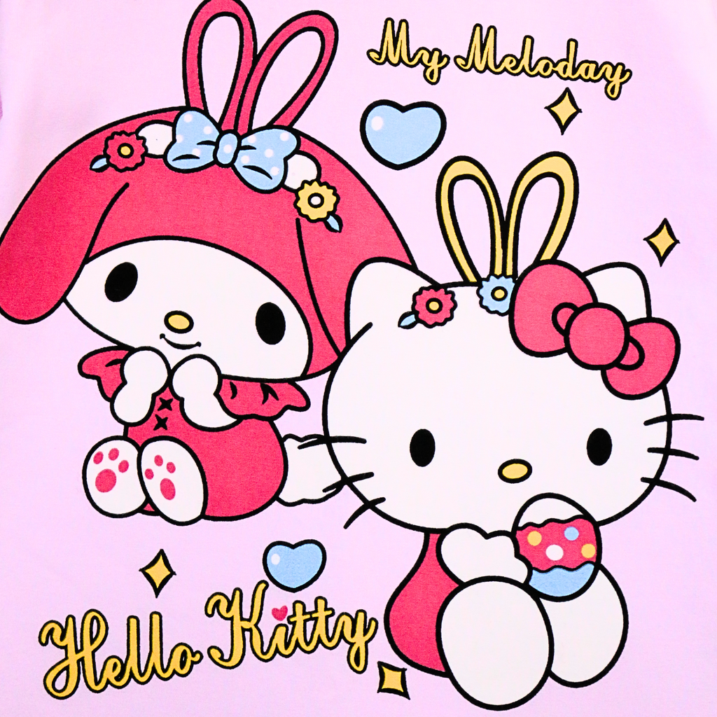Two cartoon characters with bunny ears on a pink background, featuring 'My Melody' and 'Hello Kitty'.