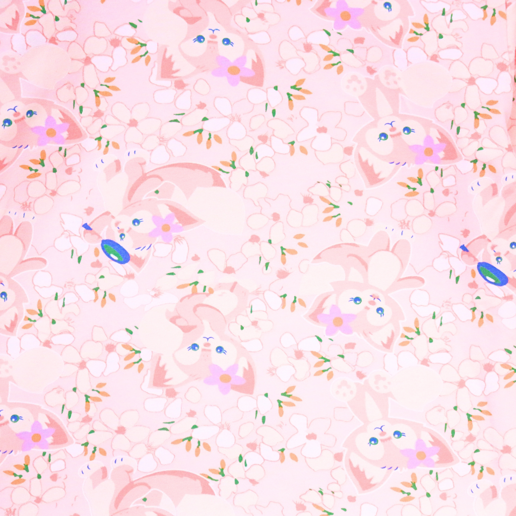 Pattern of cartoon characters with colorful elements on a pink background