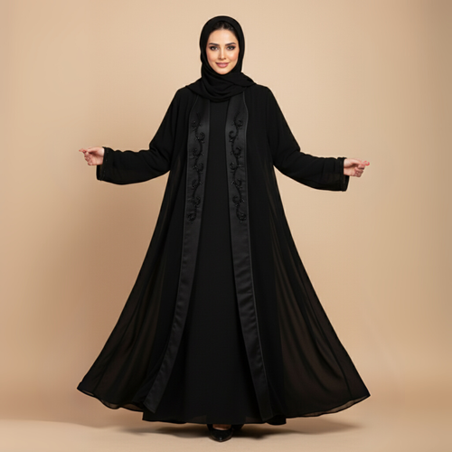 Woman wearing a black abaya with decorative patterns on a beige background
