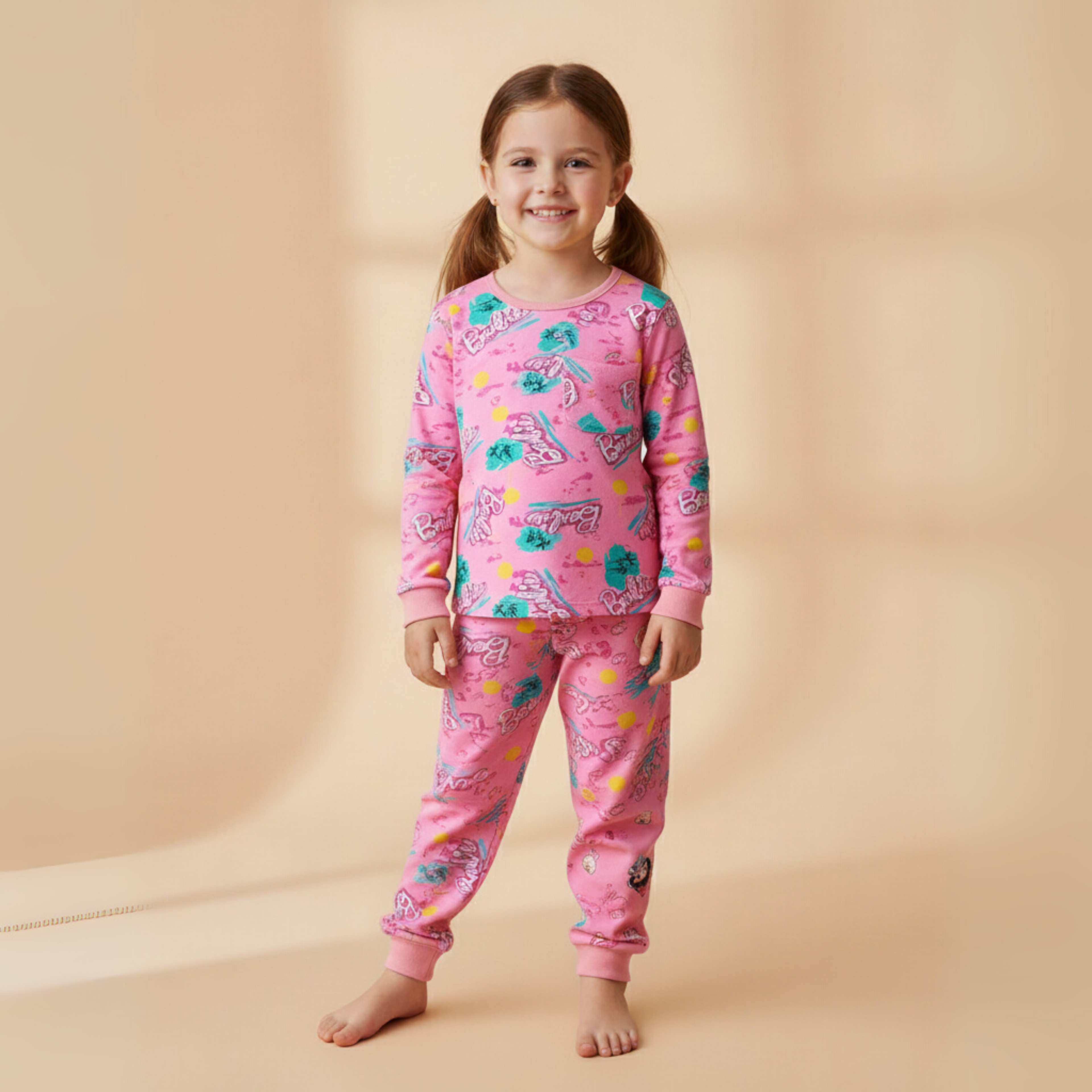 بيجامة باربي الوردية بأكمام طويلة (بنات)