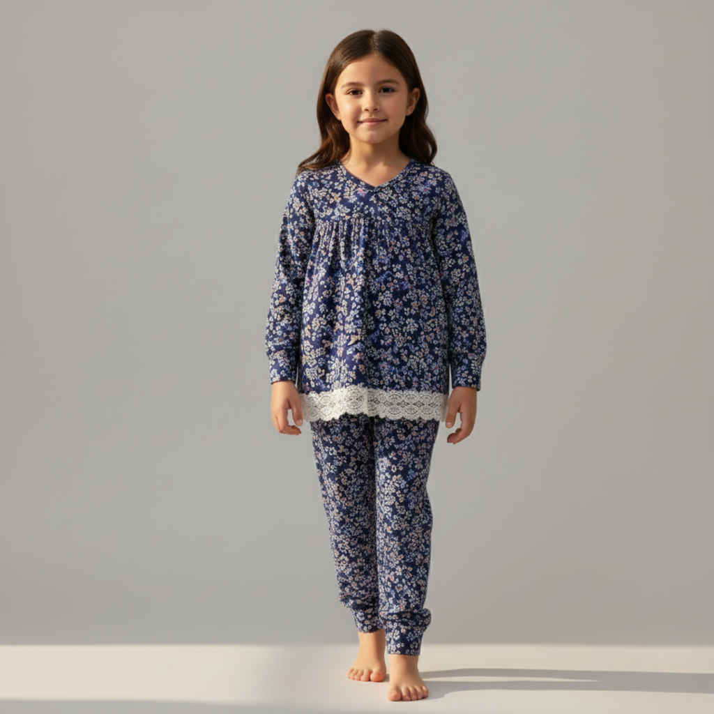 CLASSIC - Floral Blue Long-Sleeves Fleece Pajamas (Girls)