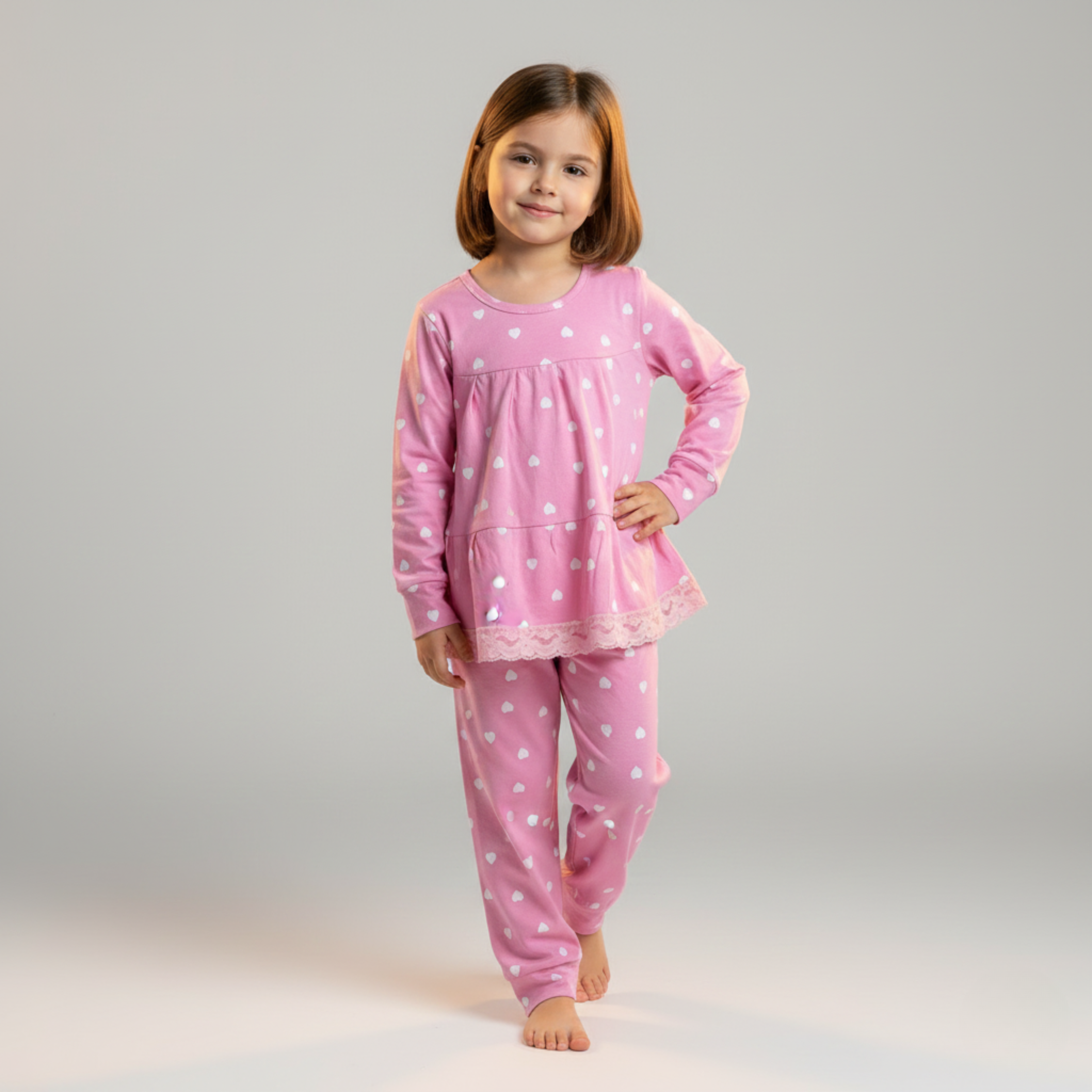 بيجامة كات ماري الوردية بأكمام طويلة (بنات)