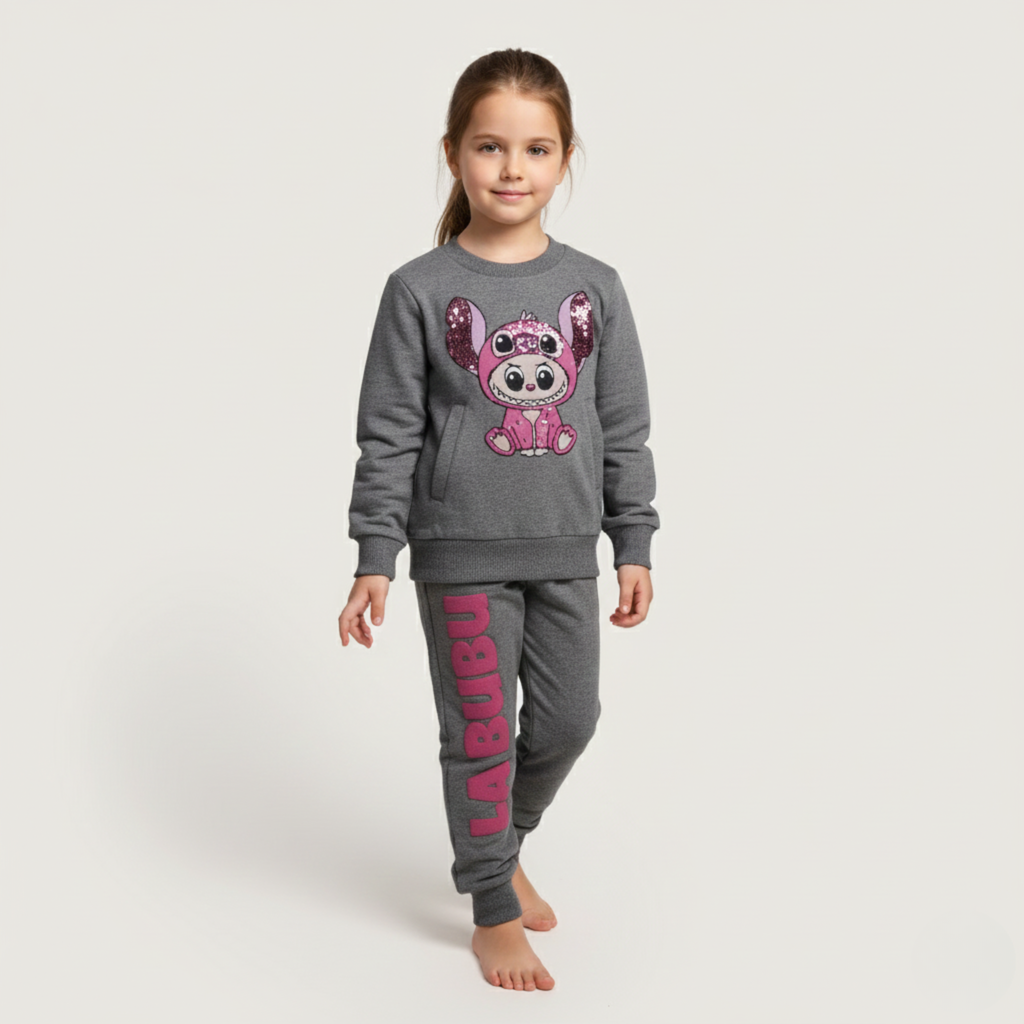 CLASSIC - Labubu Glitter Gray Long-Sleeves Fleece Pajamas (Girls)