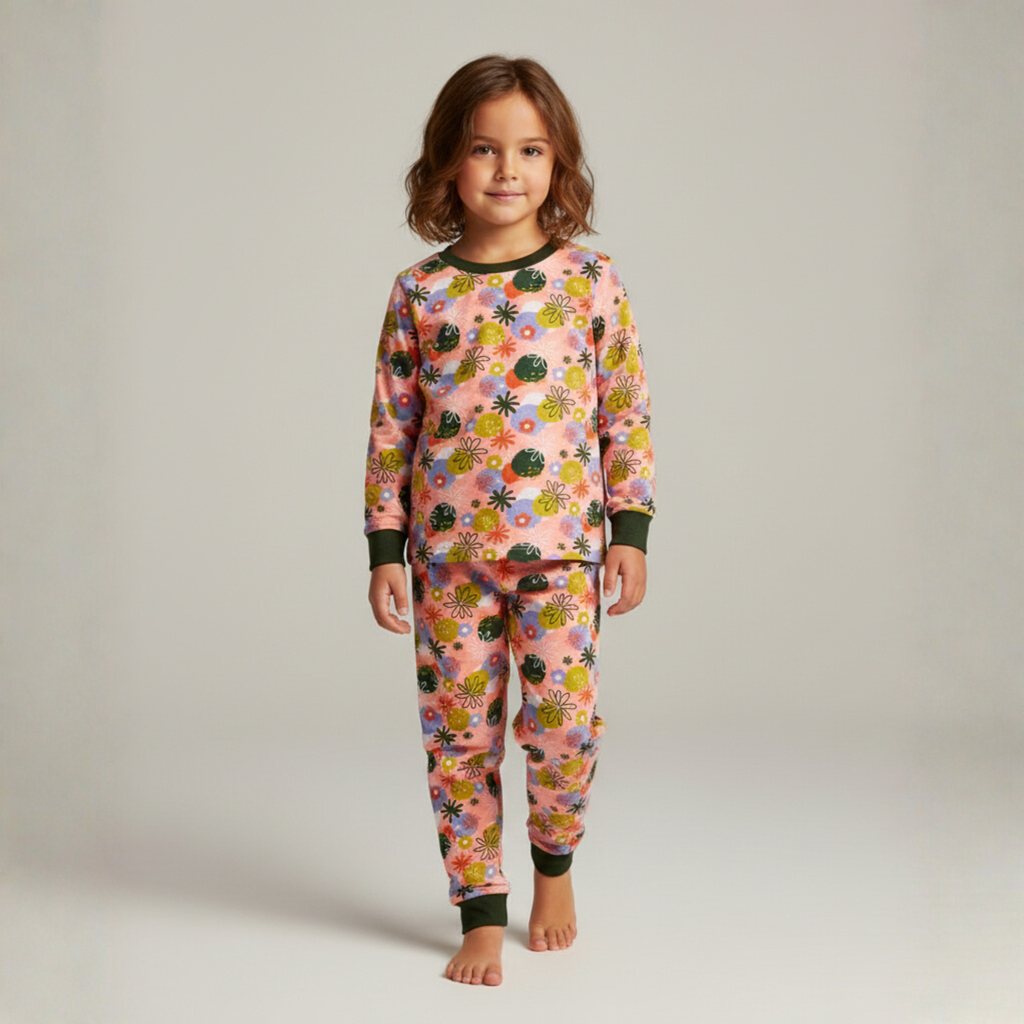 مصباح - بيجامة وردية بأكمام طويلة مزينة بالزهور (بنات)