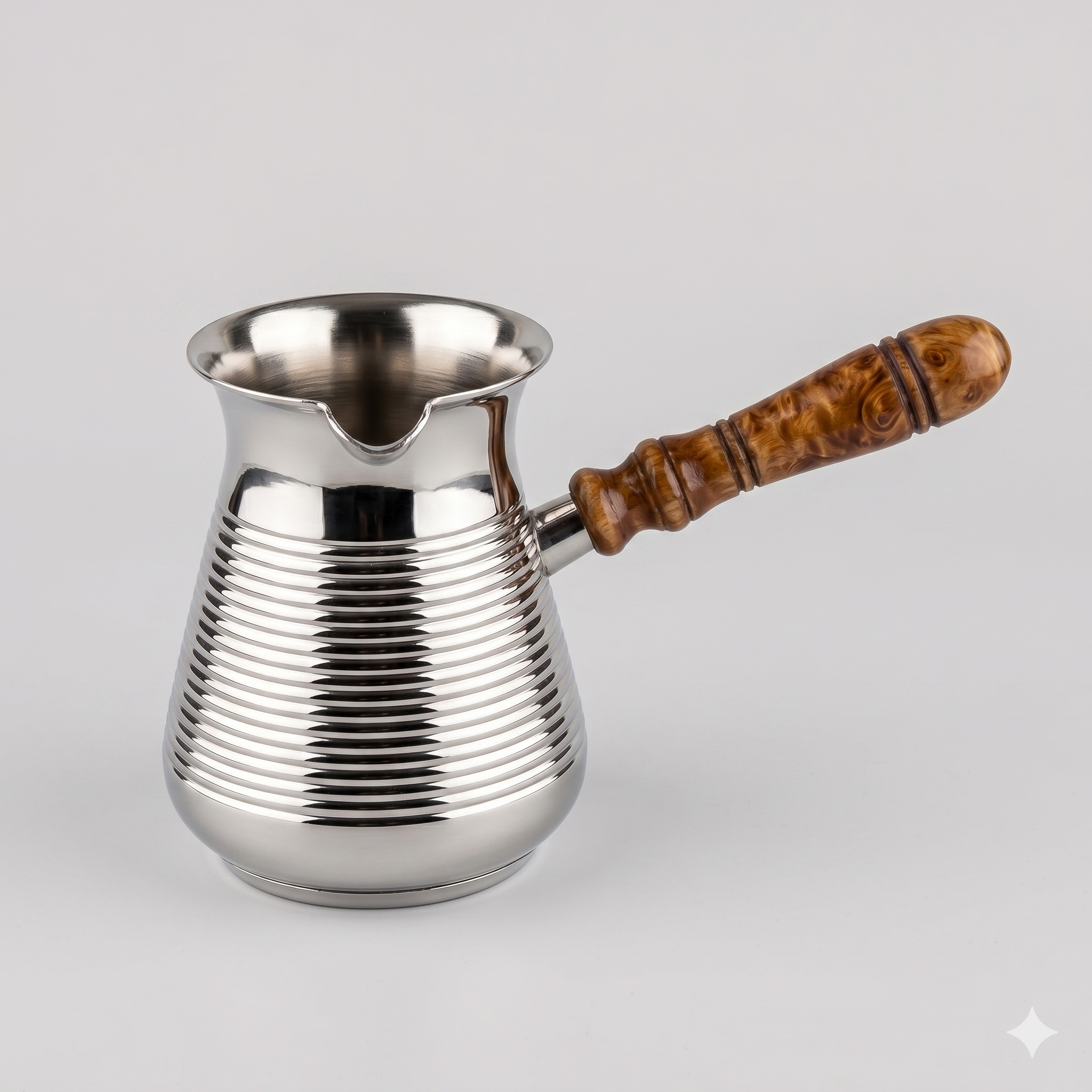 Turkish coffee pot, silver, with striped wooden handle, size 3