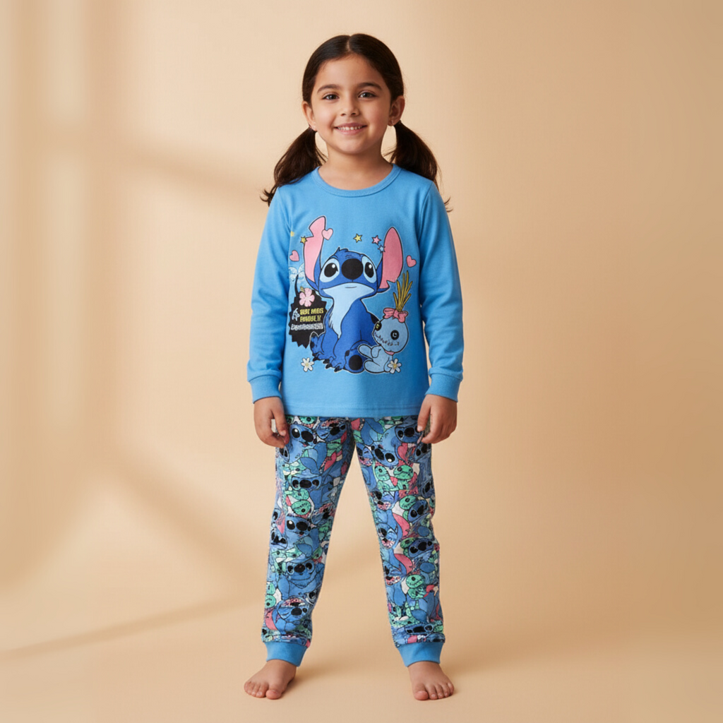 بيجامة ستيتش زرقاء بأكمام طويلة (بنات)
