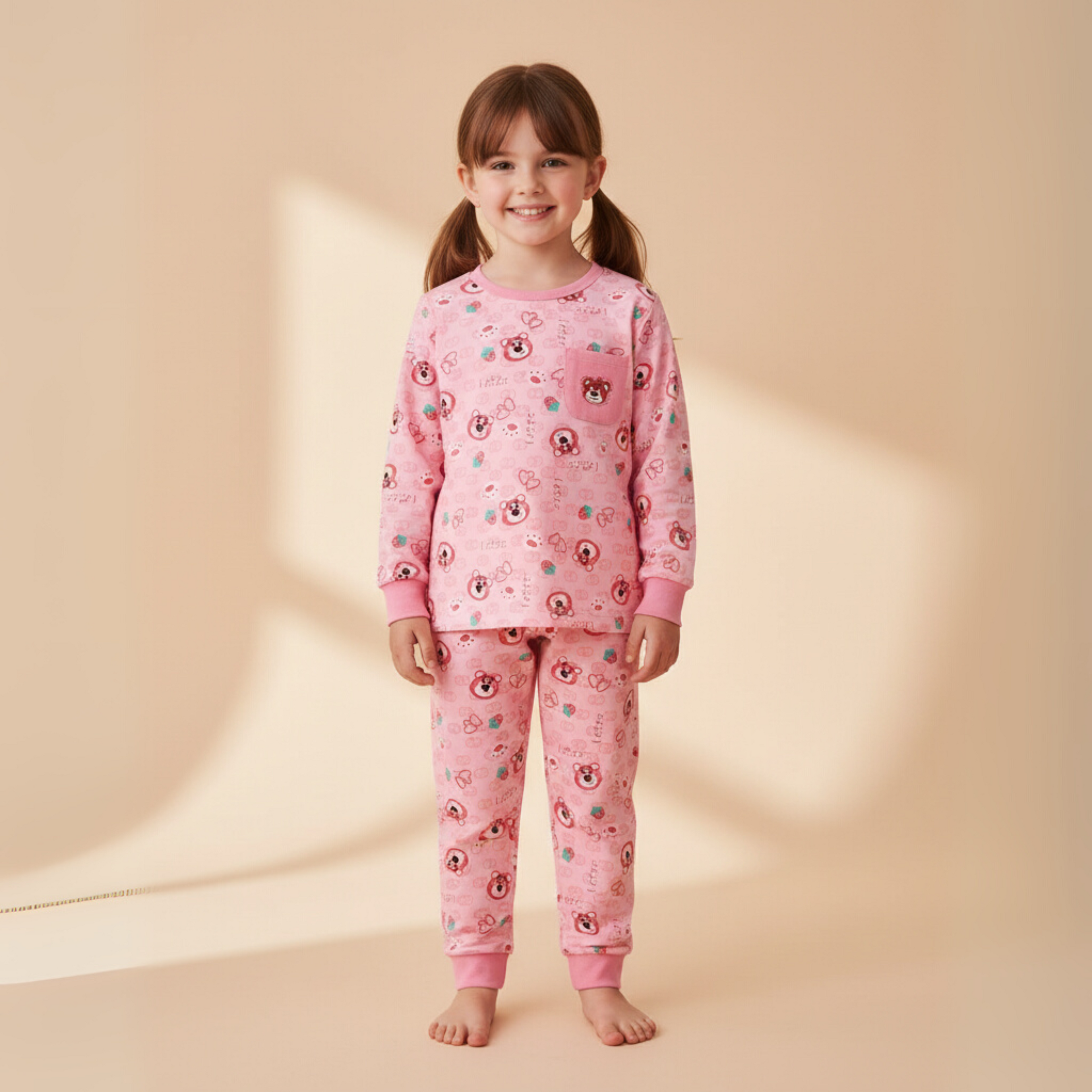 Teddy Bear Pink Long-Sleeves Pajamas (Girls)