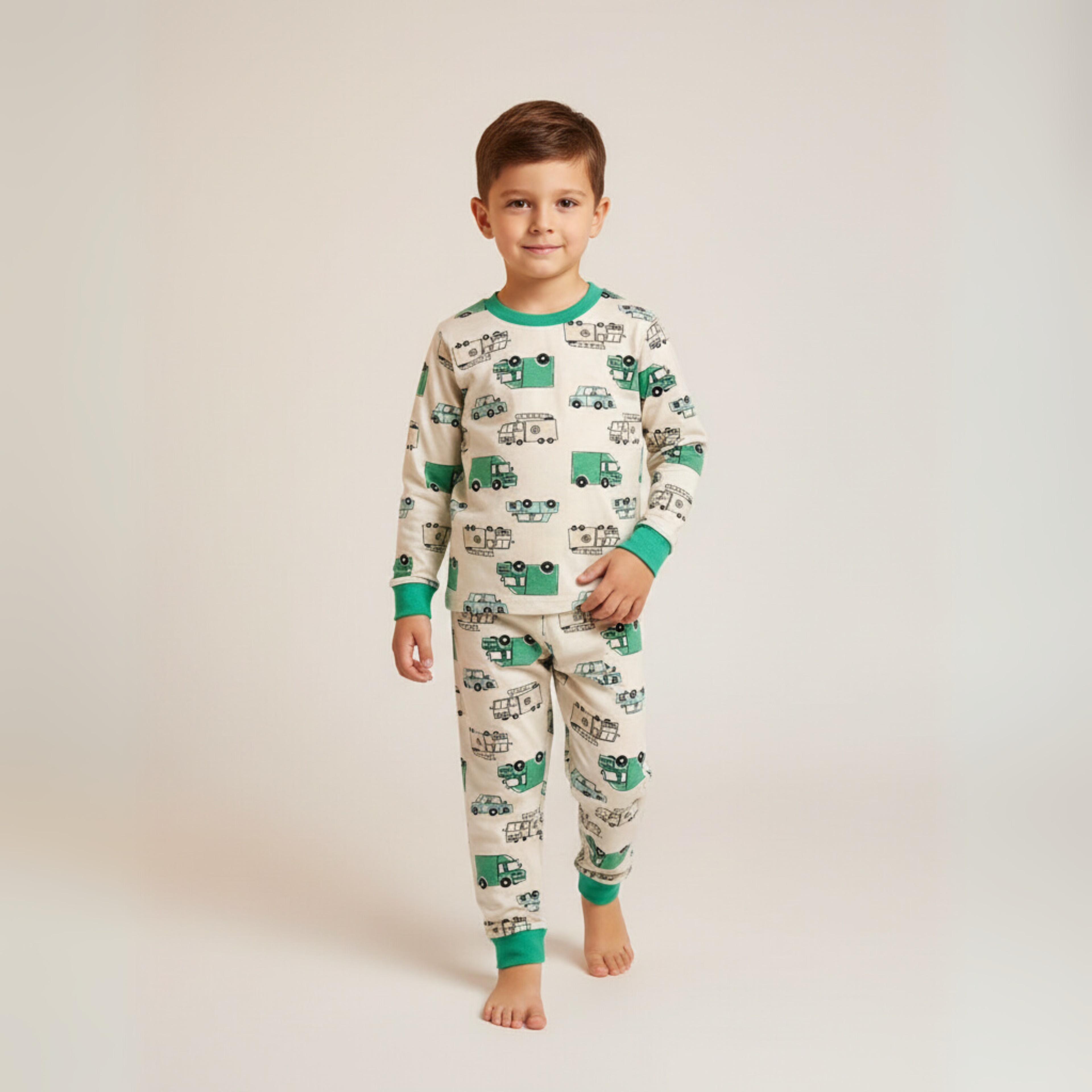 بيجامات مركبات خضراء بأكمام طويلة (للأولاد)