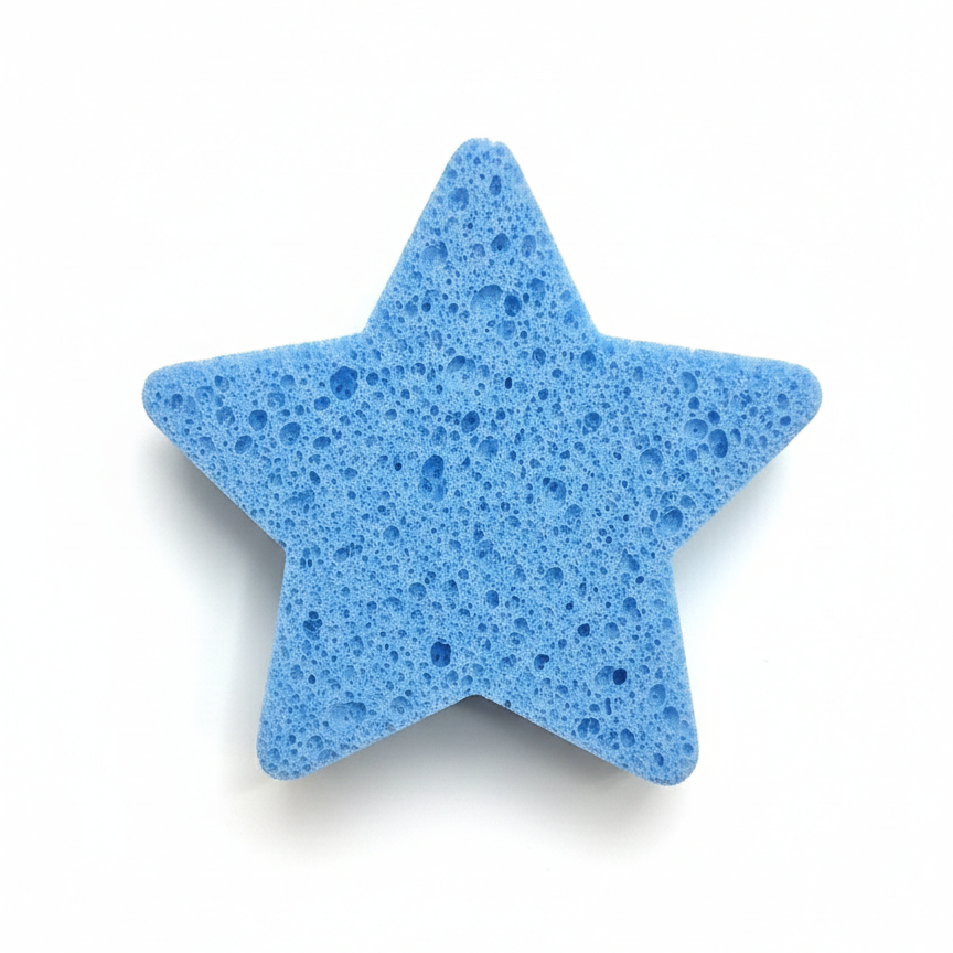 Blue star-shaped sponge on a white background