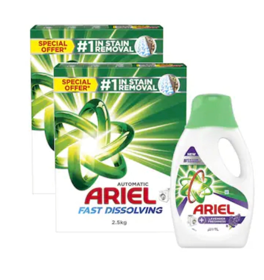 Ariel Automatic Powder Detergent 2x2.5 kg + FREE Ariel Power Gel 600 ML