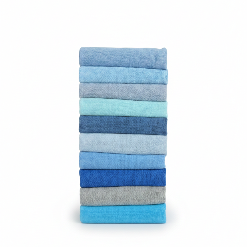 Stack of folded blue and gray fabric swatches on a white background