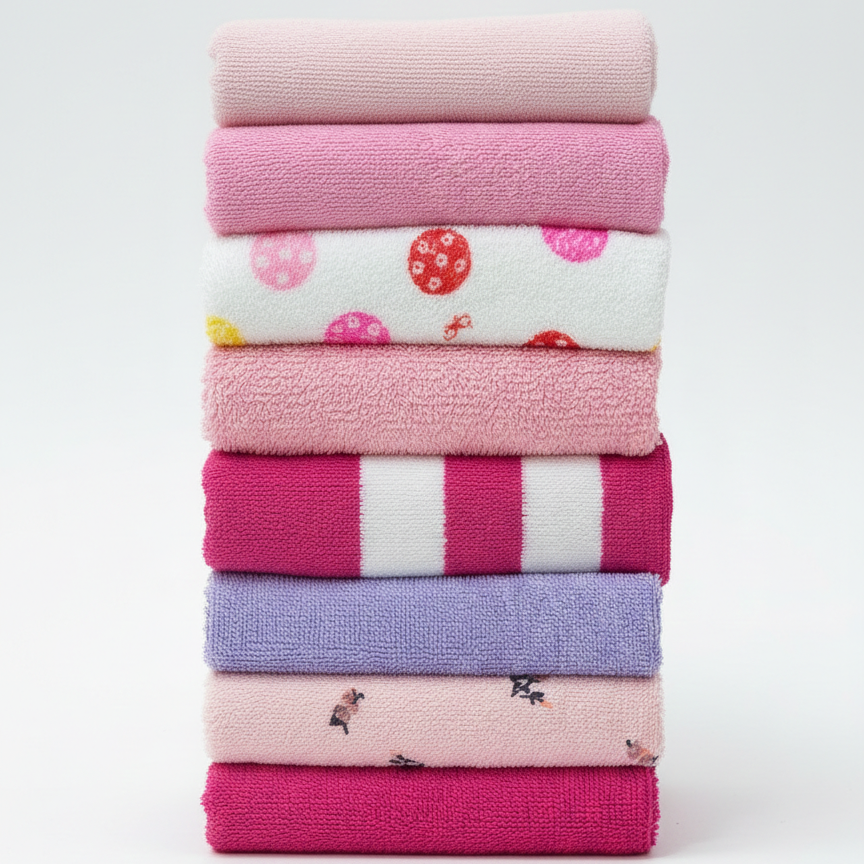Stack of folded baby blankets in various colors on a white background